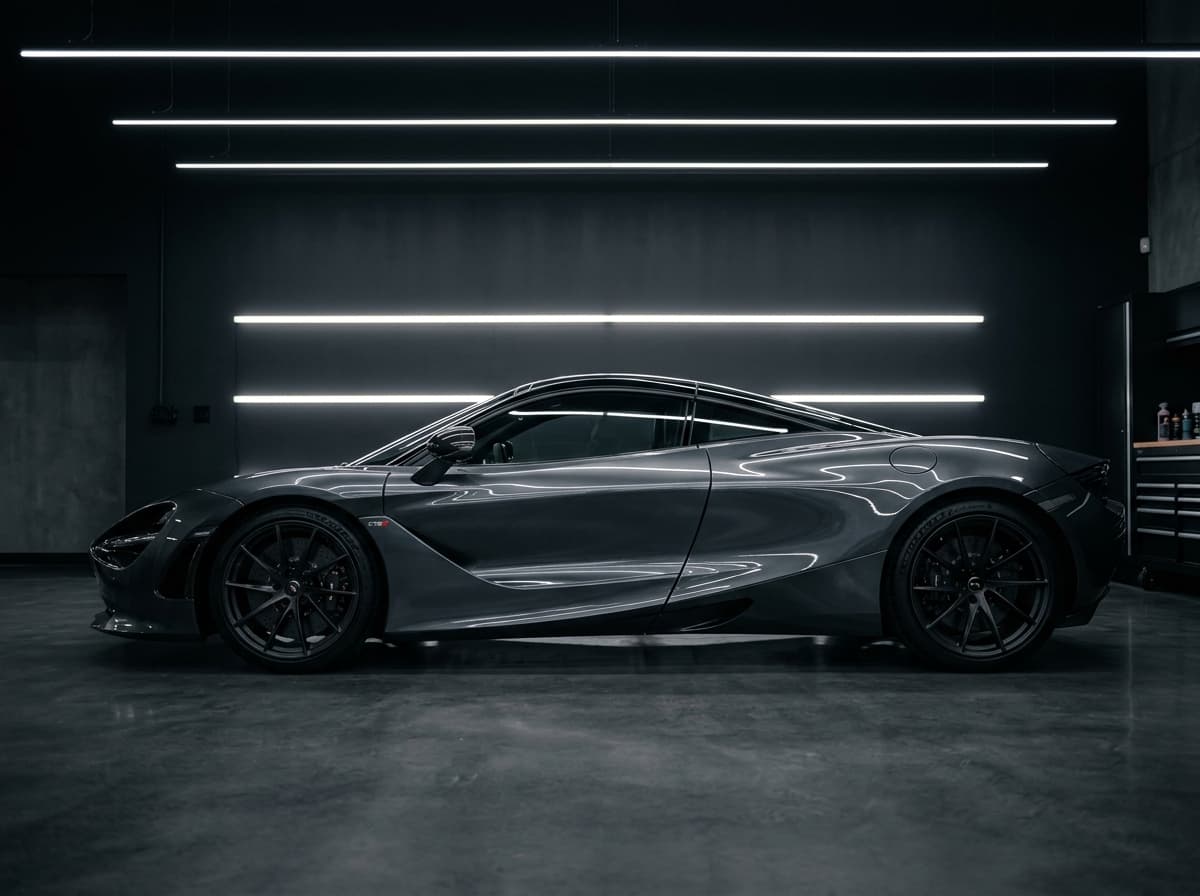 Luxury supercar side profile under studio linear light bars illustrating high-gloss paint reflection