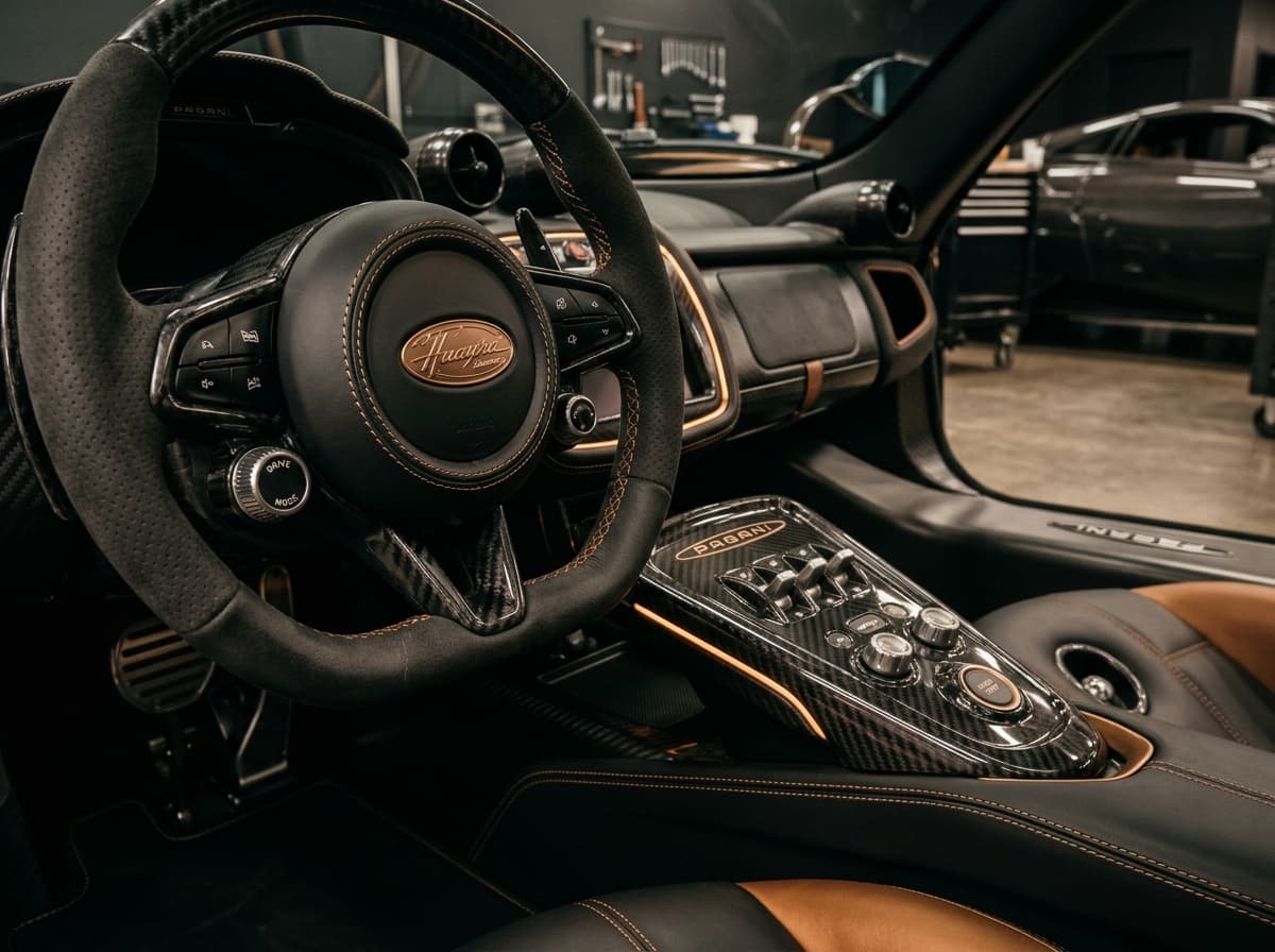 Detailed cockpit view of luxury supercar featuring matte leather and carbon fiber appointments