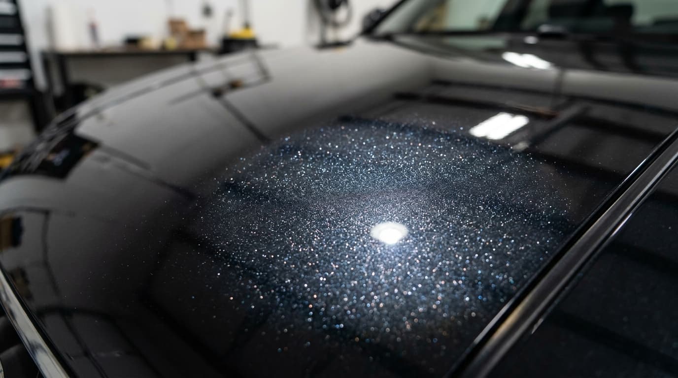 Extreme close-up of automotive paint clear coat reflecting pure studio spotlight with zero swirl marks