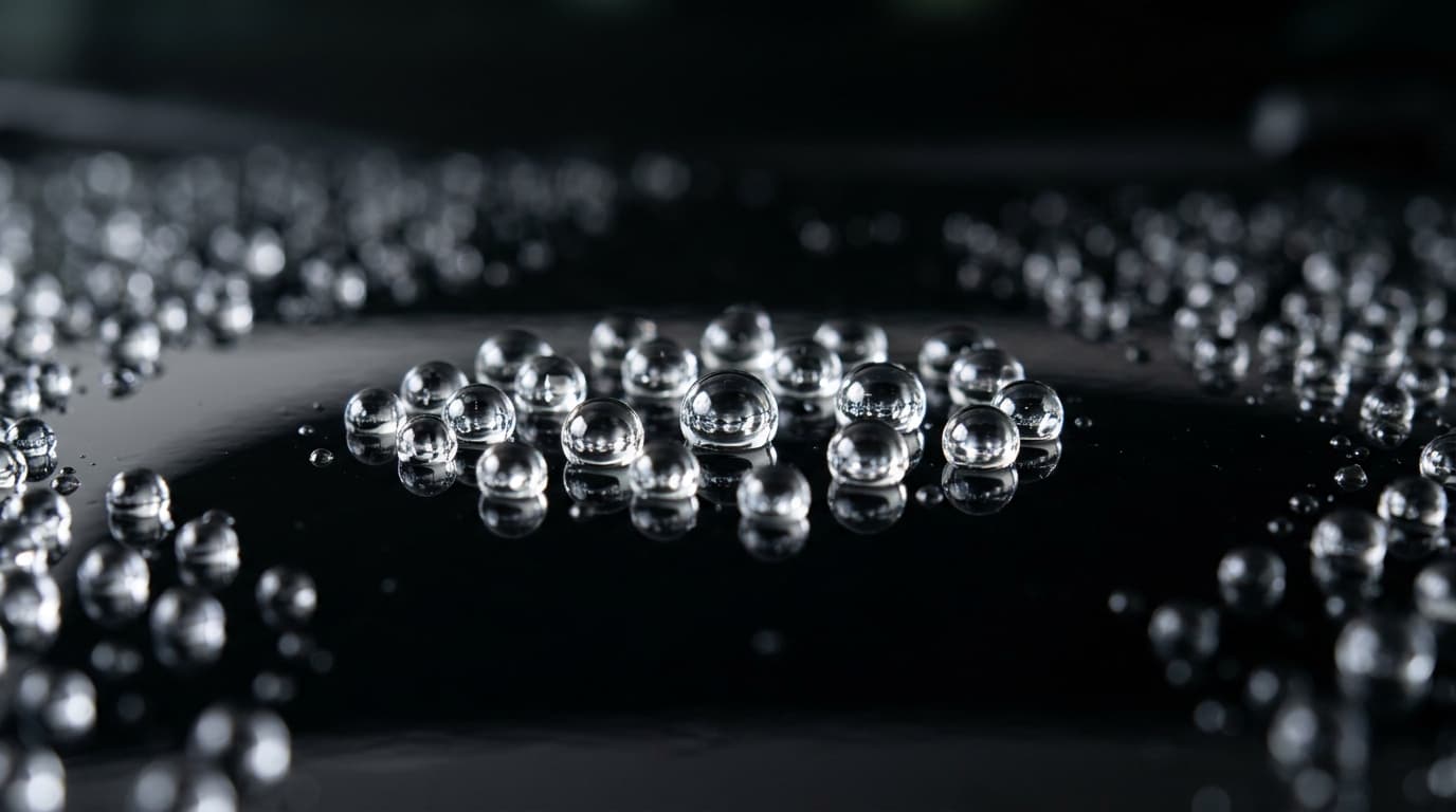 Dense high-contact-angle water droplets tightly beading across ceramic coated paint surface