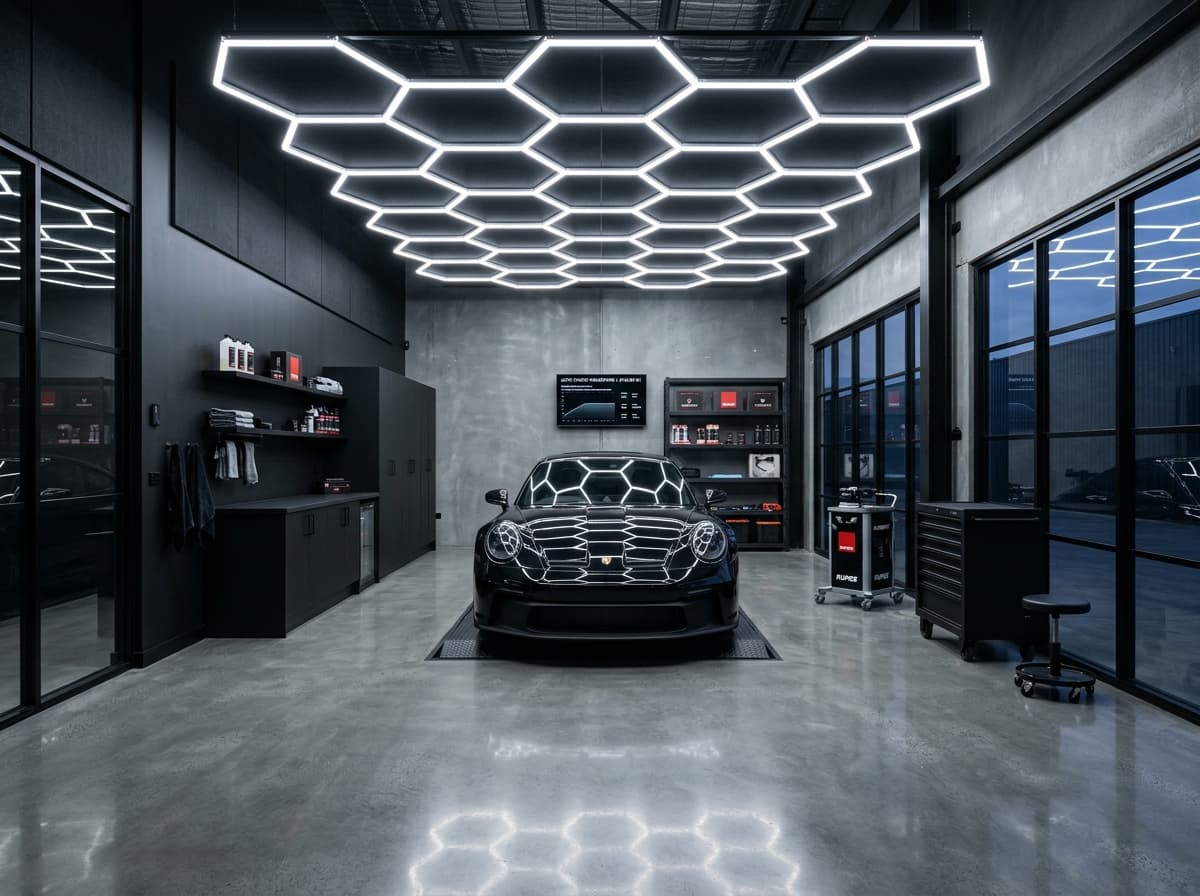 Minimalist dark automotive detailing studio bay with hexagonal LED ceiling illumination grid